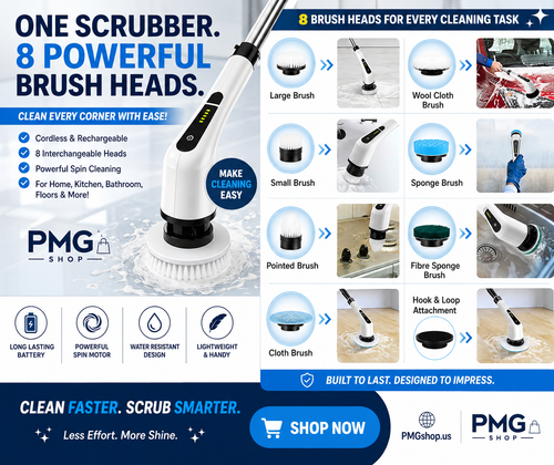 PMG Electric Spin Scrubber – Cordless Rechargeable Cleaning Brush with 8 Heads