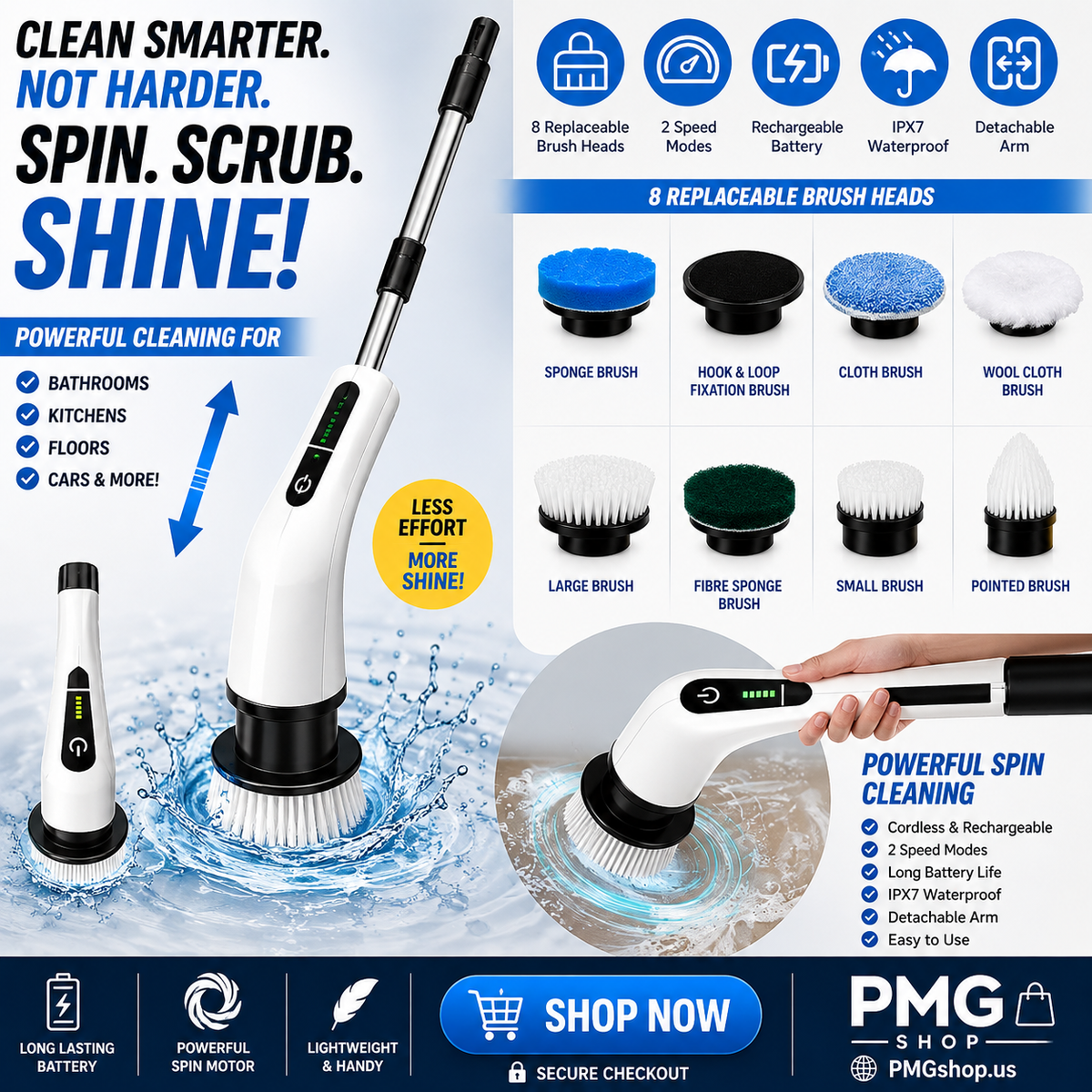 PMG Electric Spin Scrubber – Cordless Rechargeable Cleaning Brush with 8 Heads